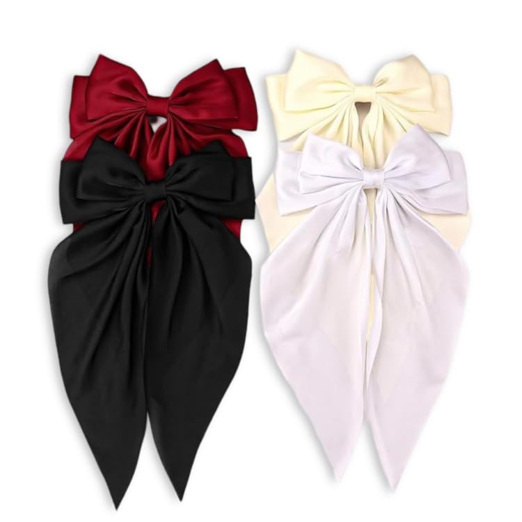 Image of FilterFashion Big Satin Layered Hair Bows for Women Girls 11.5 Inch Barrette Hair Clip Long Back Ribbon Bows French Style Hair Accessories (Black,Maroon,White,Cream)