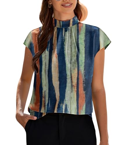 Image of Funlingo Womens Summer Tops Mock Neck Short Cap Sleeve Blouses Business Casual Work Chiffon Shirts Front Pleated Tunic Top