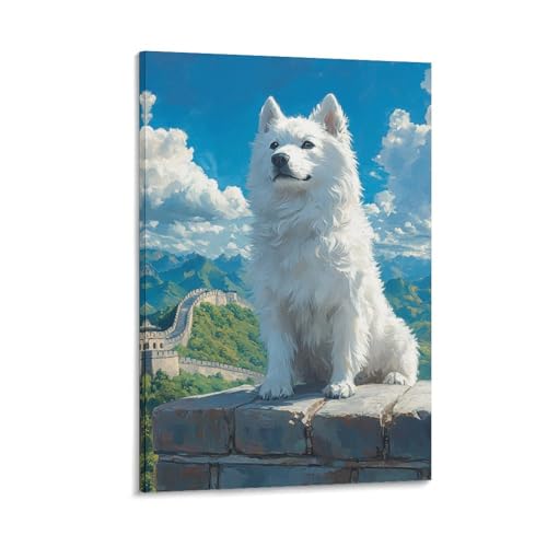Spitz japonais peinture sur toile 40x60cm pour decoration murale salon