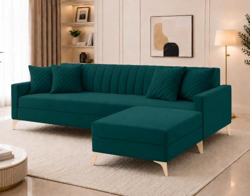 Image of AMATA Falcon ele 4 Seater Fabric Suede Velvet Ocean Blue Colour Sofa Set with Four Cushions Perfect for Home Office Guests Living Room (Falcon Ocean Blue 01, Falcon 4 Seater l Shape)(3 Year Warranty)