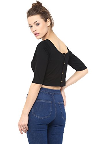 Image of Miss Chase Women's Black Boat Neck Half Sleeves Casual Buttoned Crop Top
