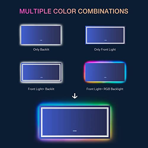 72x32 Inch Bathroom LED Vanity Mirror with RGB Lights Color Changing Backlit Bathroom Mirror Dimmable Anti-Fog led Mirror for Bathroom (RGB Multicolor Backlit+Adjustable Front-Lighted)