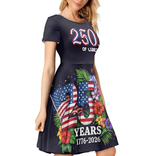 Image of HUGS IDEA Womens Puffy Swing Midi Dress Round Neck Short Sleeve Party A-Line Dresses