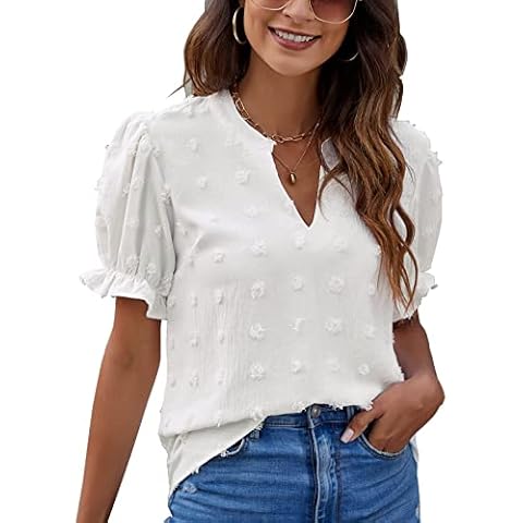 Blooming Jelly Womens White T-Shirts Summer Tops V Neck Short Sleeve Blouse Casual Chiffon Shirts Cover