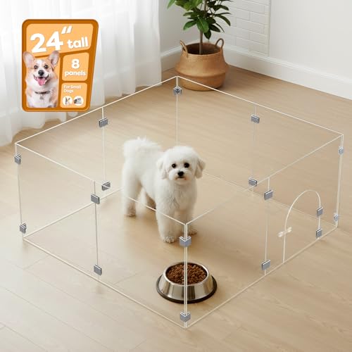 Clear Acrylic Pet Playpen with Door 8 Panels 23.6 Inches High Indoor Pet Fence & Crate for Puppies Small Dogs and Cats Play Pen Dog Crate Gate and Catio Kennel Cage Fence Puppy Playpen