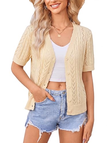 Newshows Cardigans Mujer Manga Corta Verano Ligero Chaqueta de Punto Crochet Cuello V Bolero Shrugs Top para Vestido, beige, M