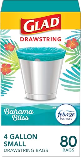 Glad Small Trash Bags, Great for Office, Bathrooms and Bedroom Bins, Bahama Bliss Scented Garbage Bags, Odor Resistant with Drawstring, Febreze Freshness, 4 Gallon Trash Bags, 80 Count