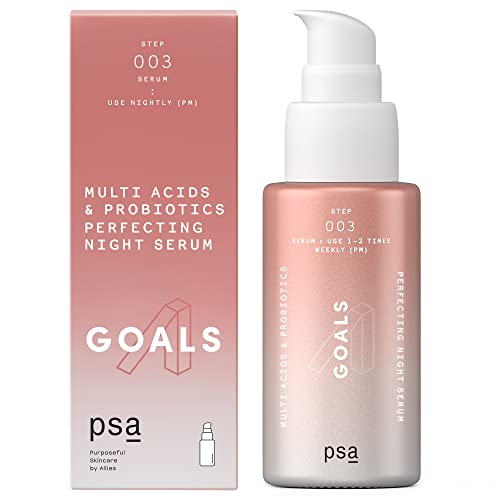 Purposeful Skincare by Allies PSA GOALS Multi Acids & Probiotics Perfecting Night Serum: Exfoliating Night Serum with Glycolic, Lactic, Pyruvic, BHA & PHA, Niacinamide, Probiotics. 30 ml/1 oz
