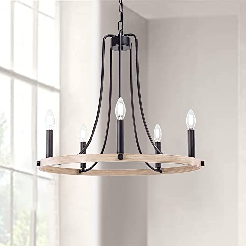 80% Off Discount Wellmet Rustic Foyer Chandeliers, 5 Lights Modern Farmhouse Candle Wagon Wheel Chandelier, 23.6" Round Hanging Ceiling Pendant Lighting Fixture for Entryway, Kitchen Island, Dining Living Room