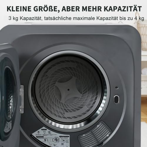 Wäschetrockner Abgastrockner 3kg (tatsächlich 4kg), 850W, Edelstahltrommel, 6 Programme, Timer-Funktion, Mehrfachfilter, Überhitzungsschutz, wandmontierbar [Energieklasse G], Grau