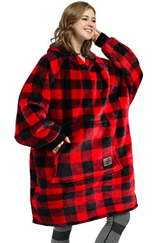 Kato Tirrinia Übergroße Warme Hoodie Sweatshirt Decke, Weiche Flanell Damen Deckenpullover, Komfortable Kapuzenpullover, Gemütlich Geschenke Decke für Erwachsene, Männer, Frauen, Teenager, rot kariert., 34.99 €