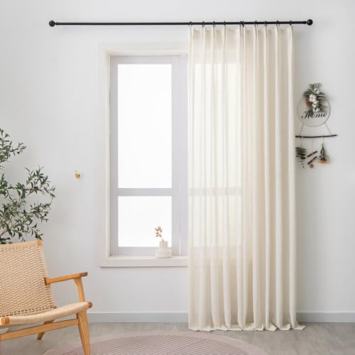 Ftinala Neutral Linen Semi Sheer Curtains 90 Inch Long, Cream Beige Flax Light Filtering Curtains...