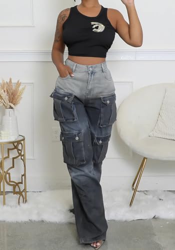 LKOUS Women’s Y2K High Waist Baggy Denim Jeans Streetwear Cargo Straight Fit Wide Leg Pants with Multiple Pockets3