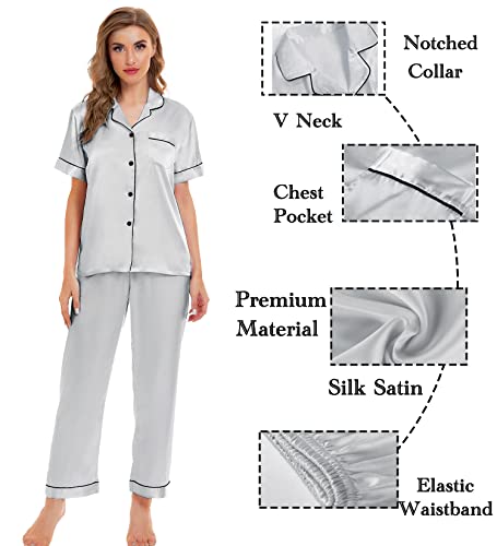 Image of SWOMOG Womens Silk Satin Pajamas Sets 4pcs Sleepwear Sexy Cami Shorts Set and Button Down Short Sleeve Pjs Loungewear Grey Small