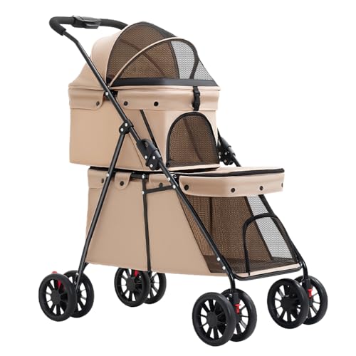 3 in 1 Passeggino pieghevole a 2 livelli, per cani, gatti, 2 borse, finestra in rete, ruote con freni, cuscini rimovibili, carrello da viaggio per cani, gatti, 67 x 50 x 95 cm, colore caffè al latte