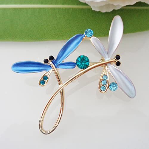 Image of Navachi 18k Gold Plated Multicolor Enamel White Crystal Double Dragonfly Wings Brooch Pins
