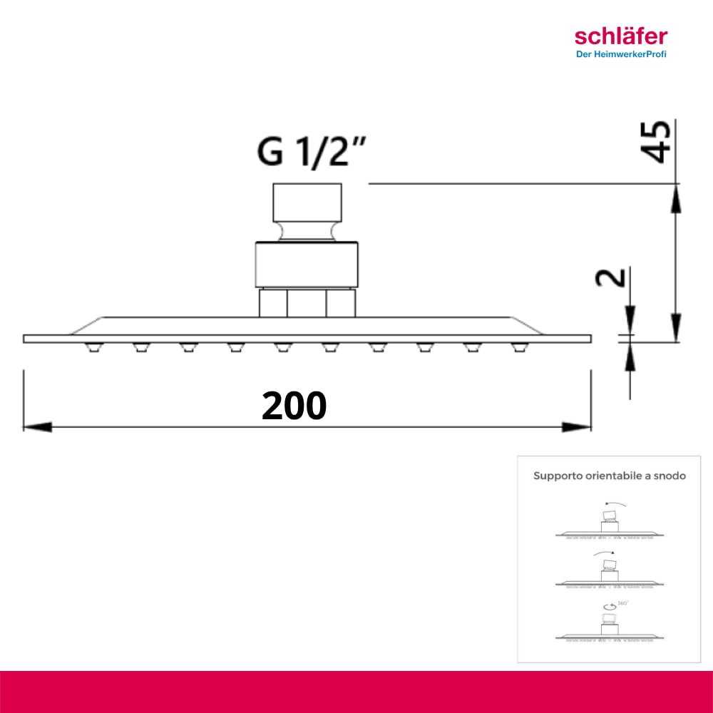 Schläfer 134700 | Soffione Doccia Quadro 20x20 cm a Pioggia, Anticalcare ad Alta Pressione Ultra Sottile in Acciaio Inox, Soffione per Cabina Doccia, Snodo Regolabile Universale G 1/2, Cromo, Argento