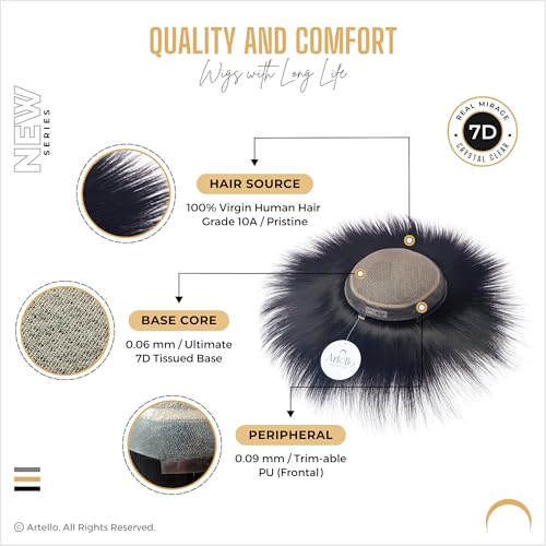 Image of Artello REAL MIRAGE Hair Patch for Men, 7D Ultimate Skin Base Toupee with Original Scalp Partition, Trim-able PU Frontal, 100% Virgin Human Hair Wig (Colour: Natural Black) (9x7)