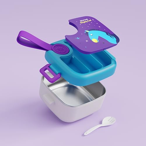 Image of Stainless Steel Lunch Box with Spoon, Leak-Proof Kids Tiffin Box, Durable Eco-Friendly School Lunch Container for Boys & Girls | LUNCHMATE Mini But Mighty Cool (500 ML - Purple & Blue)