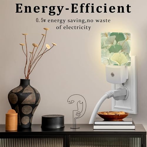Image of Green Gold Ginkgo Leaves Night Light for Kids,Abstract Botanical Leaves Night Light Plug in with Dusk to Dawn Sensor,0.5w Energy Saving Nightlight for Hallway Stairway Kitchen Bedroom