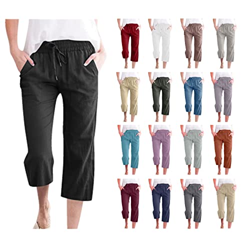 Ymadreig Capri Pants For Women Plus Size, Elastic High Waist Ankle Pants Solid Linen Crop Pants Drawstring Pocket Tapered Capris Sport Workout Yoga Sweatpants Loose Baggy Beach Pants #TOP5