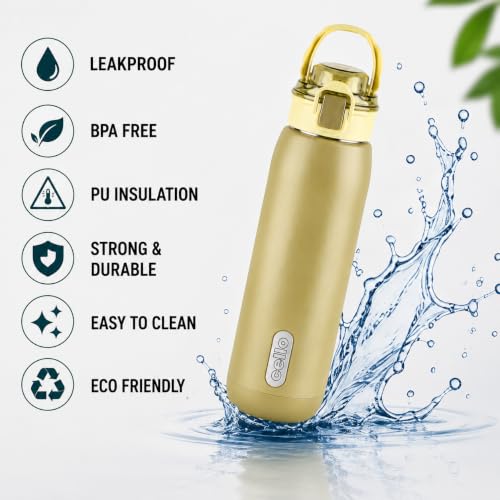 Image of CELLO Puro Steel-X Flint 900 Insulated Water Bottle 650 ml, Light Green | Easy Press Open Flip Top, Easy to Carry with Handle Leak Proof Inner Steel Water Bottle for School Kids, Office Gym Travel