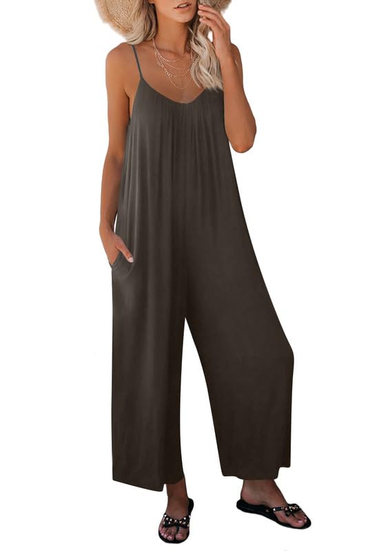 Haibang Mono Mujer Verano Largo Sin Mangas Cuello en V Elegante Peto Mujer Verano Casual Espaguetis Monos Pantalón Elegante Sueltos Jumpsuit con Bolsillos Informal Playa Fiesta Vacaciones Playsuit