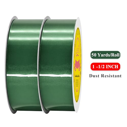 Image of 100 Yards Forest Green Satin Ribbon Polyester Ribbon for Gift Wrapping Very Suitable for Weddings Party Hair Bow Invitation Decorations and More（1-1 /2 inch X 50Yards X 2 Roll）