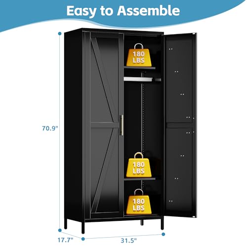 Image of Aobabo 2 Door Metal Wardrobe Cabinet with Hanging Rod, Metal Wardrobe Closet with 2 Adjustable Shelves, Storage Lockers for Home,Office,Installation Required, Black