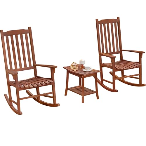 PrimeZone 3 Pieces Outdoor Rocking Chair Set with Side Table - Heavy Duty FSC Certified Acacia Wood Patio Conversation Chairs, High Back Weather Resistant Wooden Rocker for Porch, Backyard,