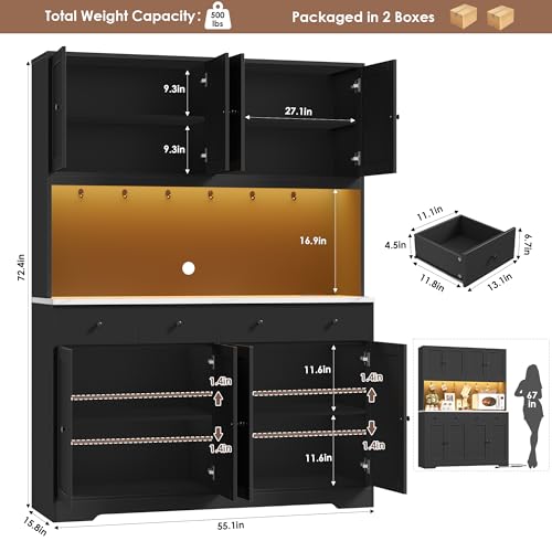 Image of HIFIT 72 inch LED Kitchen Pantry Cabinet with Power Outlet & Cup Hook, Tall Kitchen Hutch Storage Cabinets w /Marble-Patterned Countertop Microwave Stand, Food Pantry w /Door for Dining Living Room, Black