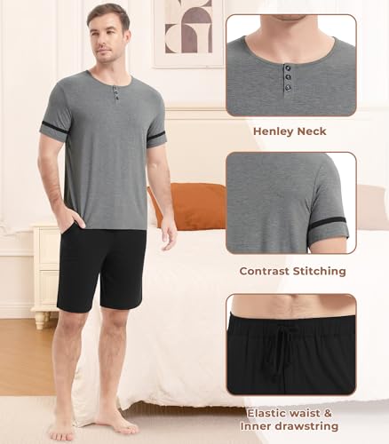 Image of NACHILA Pajamas Set for Men-Viscose Made from Bamboo, Short Sleeve Sleepwear Cool Pjs with Shorts Pants Soft Loungewear