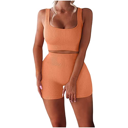 Barogt Women s Pit Strip Yoga Two Piece Set, Solid U Neck Crop Top and Shorts Casual Sport Suit Summer Slim Casual Gym Set