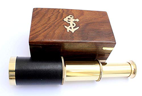 Nautical India 15cm Handheld Brass Telescope with Wooden Box - Pirate Navigation