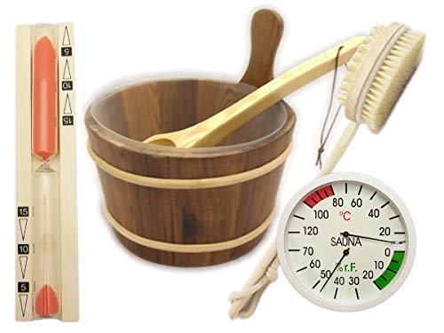 Saunastarterset Saunazubehör Saunazubehörset Saunakübel Saunakelle Aufguss Sanduhr Sauna Set Bürste Cover