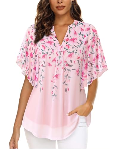 Image of Timeson Women's Short Sleeve V Neck Blouses Shirts Floral Double Layers Mesh Tunics Tops