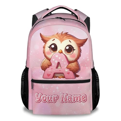 Custom Kids Backpack, Girls Owl Bookbag for School, Personalized Backpacks with Name, 17 Inch Cute C