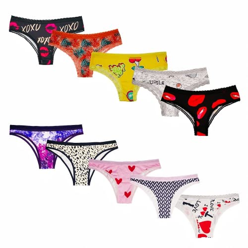 Pelibeli Women Underwear Variety Pack Lace Trims Thongs Hipster Bikinis Cheekies G-Strings T-Backs Bulk Panties (Xx-Large, Multicolor 10 Pcs) #TOP3