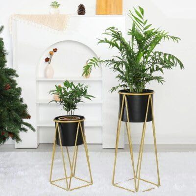Image of Brass Industry Iron Metal Indoor Out Door Bedroom Home Office Planter Pot Tall Stand with Planter for Living Room, Balcony Flower Pot Stand Set of 2 (Black)