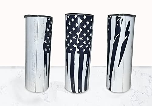 Flag with Wood Background Rustic White Wood Design - Stainless Steel Tumbler - Handmade - 20oz/ 30oz Straight Skinny Tumbler (20 Oz)
