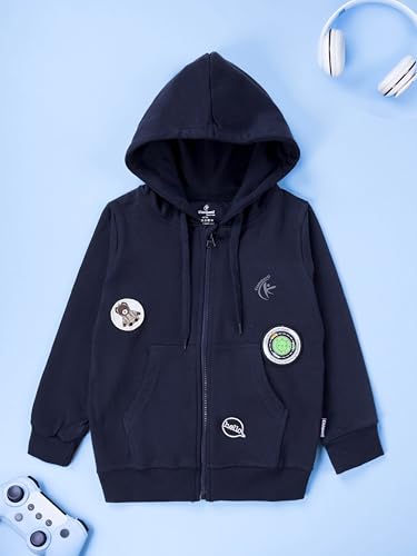 Image of KiddoPanti Boys Solid Cotton Full Sleeve Zip-Up Front Open Hooded Sweatshirt