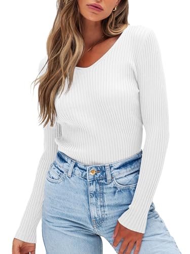 Anbech Womens Long Sleeve V Neck Tunic Tops Slim Fit Knit Lightweight Sweaters (M, White)