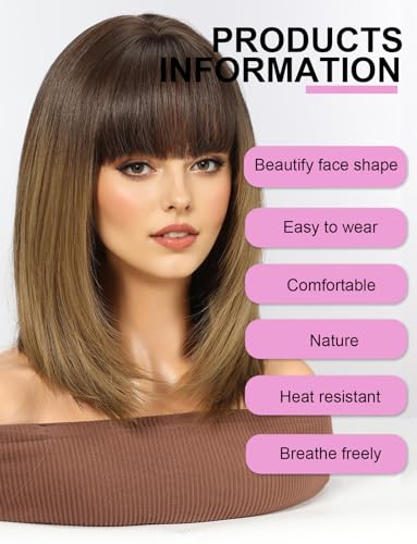 WOKESTAR Staright Wig with Fringe Synthetic Mid-length Layered Wigs for Women Ombre Brown Color, 22 inches - Image 4