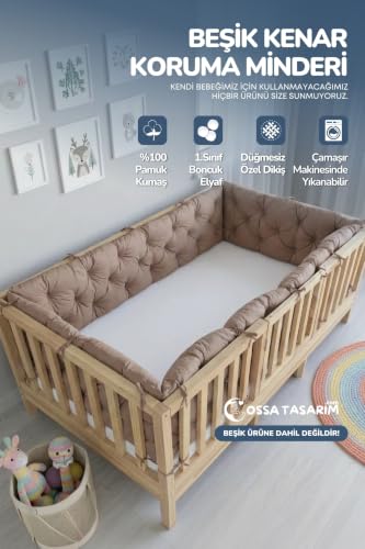 Beşik Kenar Koruma Minderi, %100 Pamuk, Montessori Yatak Uyumlu, Açık Kahverengi, Buble Soft, 80x130