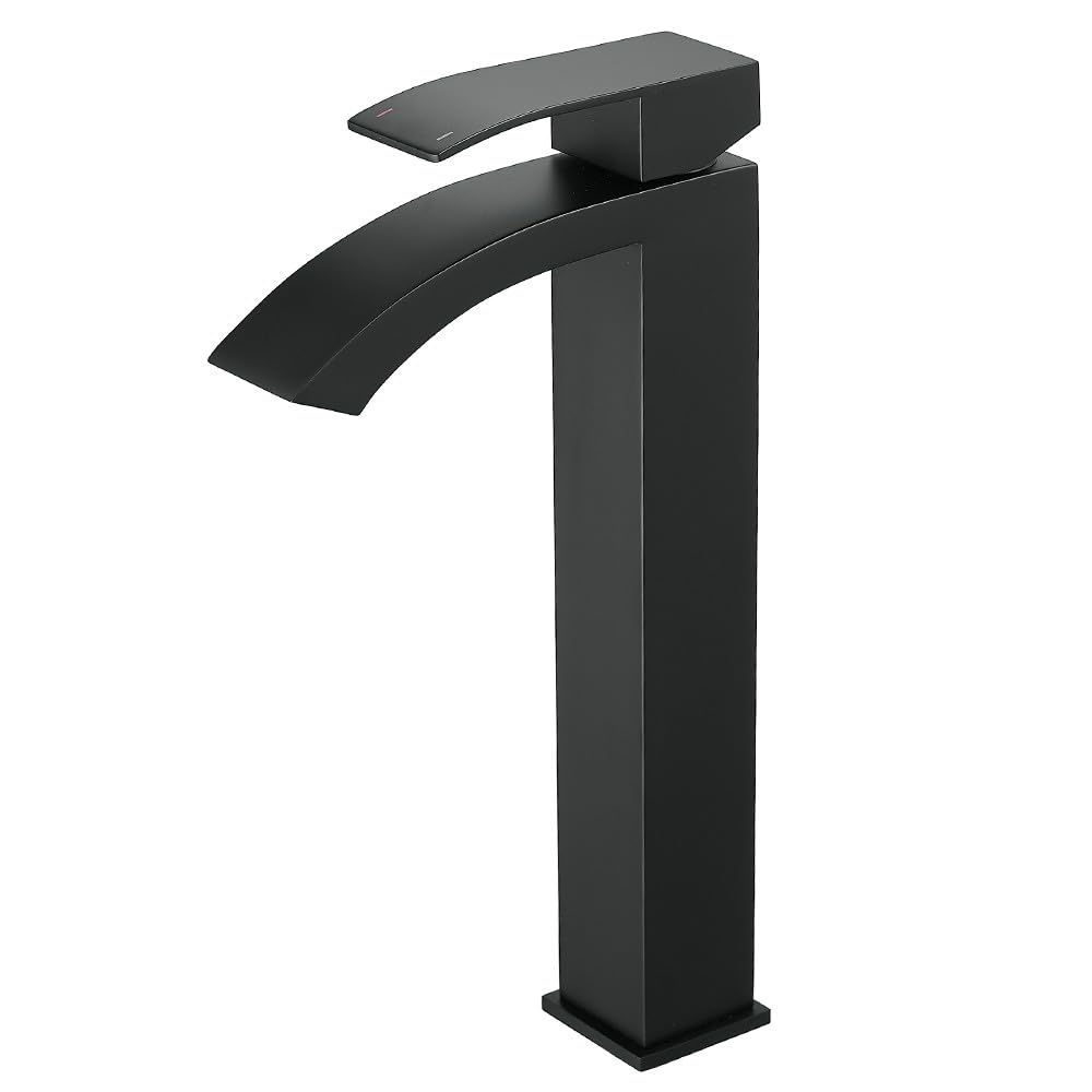 Heable Tall Bathroom Basin Mixer Taps Black Mono 1 Hole Round Cloakroom Faucet with High Spout Modern Single Lever Washroom Faucets High Rise Bathroom Sink Tap with G1/2 Hoses
