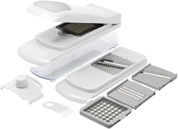 Picador de verduras, espiralizador, rebanador multifuncional con 5 cuchillas, recipiente de almacenamiento de alimentos y protector de mano, ideal