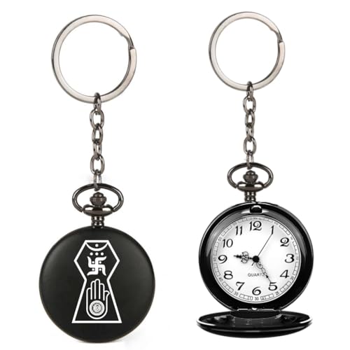 Image of Vintage Gandhi Style Pocket Watch with Engraved Designs & Messages Royal Black Analog for Men Women & Kids Includes Key Ring for car or Bike Keys Ideal Gift