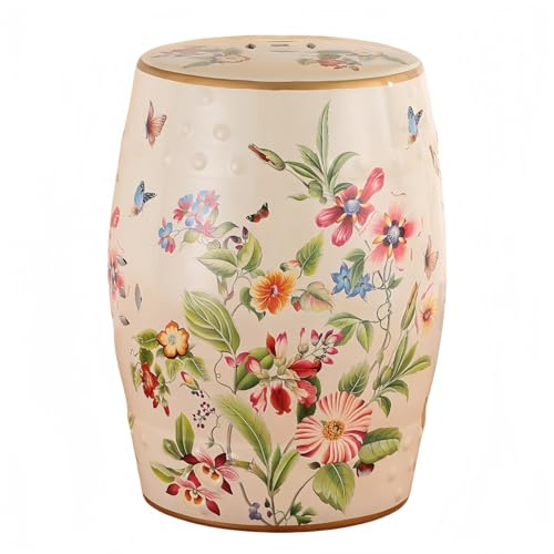 HYFANIYH Ceramic Drum Garden Stool, Flower&Butterfly, Classic, Cottage, French Country,Bathroom, Garden Room, Patio (White,Flower&Butterfly)