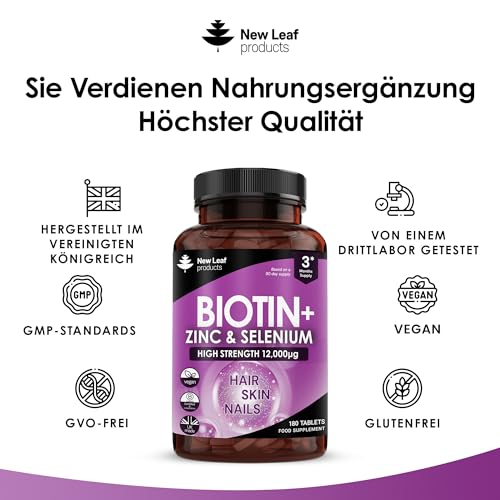 Biotin Hair Growth Vitamins 12,000mcg D-Biotin Tablets Enriched with Zinc & Selenium –Vegan Beauty Hair Skin & Nails Vitamins For Women and Men High Strength - 3 Months Supply UK Made - New Leaf