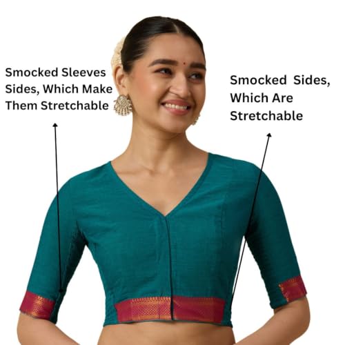 Image of Studio Shringaar Women's Handloom Cotton Stretchable (Smocked) Saree Blouse with Temple Zari Border